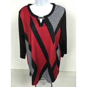Salon Studio Womens Top Size M Red Black White Geometric Print Blouse